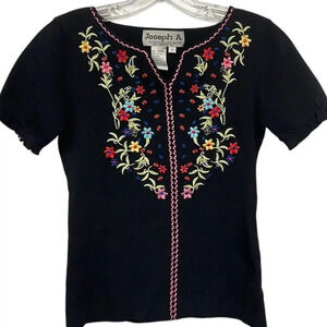 Joseph A. Black Colorful Embroidered Floral Design Short Sleeve‎ Viscose Top Sm